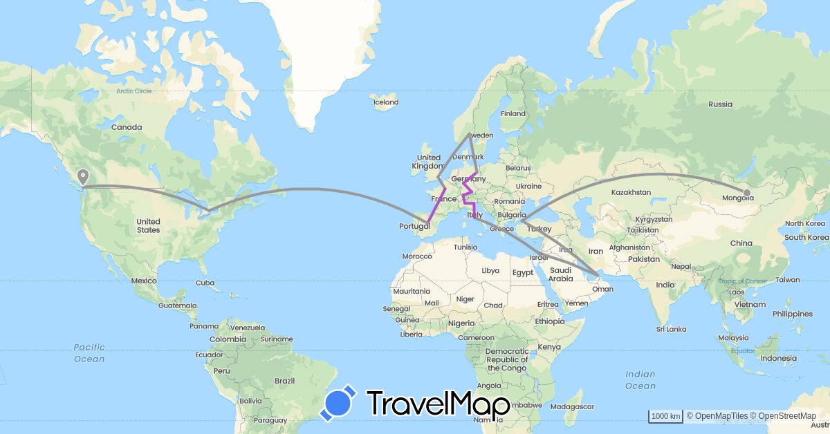 TravelMap itinerary: driving, plane, train in United Arab Emirates, Canada, Switzerland, Germany, Spain, France, United Kingdom, Greece, Israel, Italy, Mongolia, Norway, Turkey (Asia, Europe, North America)